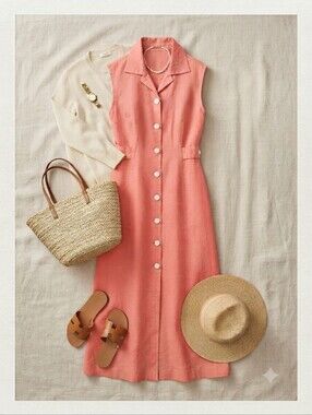 Erika Coral Pink Open Back Button Down Collared Linen Dress